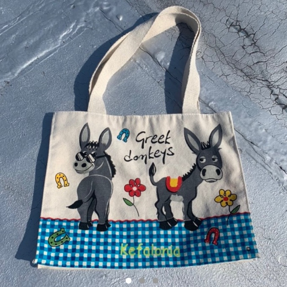 Greek Donkeys Small Totebag with gingham